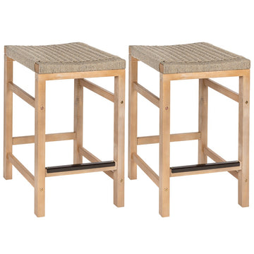 Armand 25.6" Modern Coastal Backless Acacia Wood Outdoor Counter Stool with Woven Rope Seat